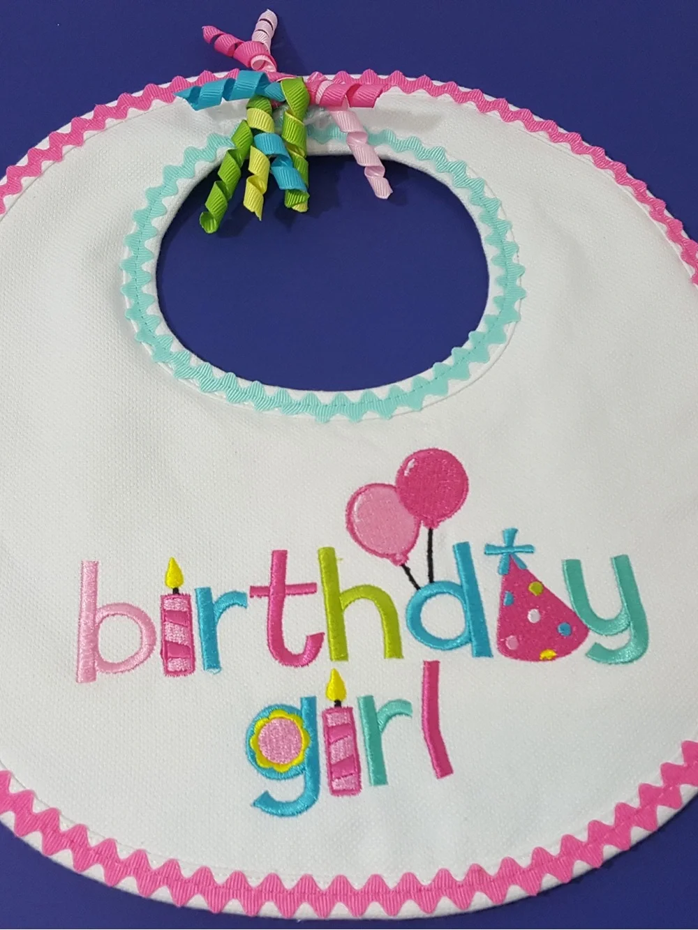 Mud Pie White Bib with Pink, Teal and Lime “Birthday Girl” Embroidery